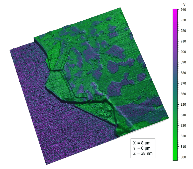 Overlay of contact potential difference on an AFM topography image of a multilayer graphene flake.
