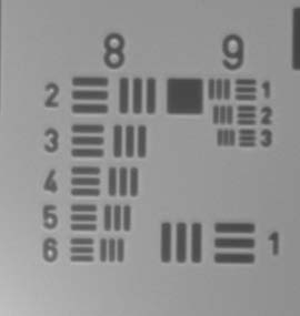 0.8μm resolution with 20x 0.4 NA objective shown on USAF 1951 Resolving Power Test Target