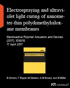 Electrospraying and ultraviolet light curing of nanometer-thin polydimethylsiloxane membranes for low-voltage dielectric elastomer transducers