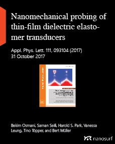 Nanomechanical probing of thin-film dielectric elastomer transducers