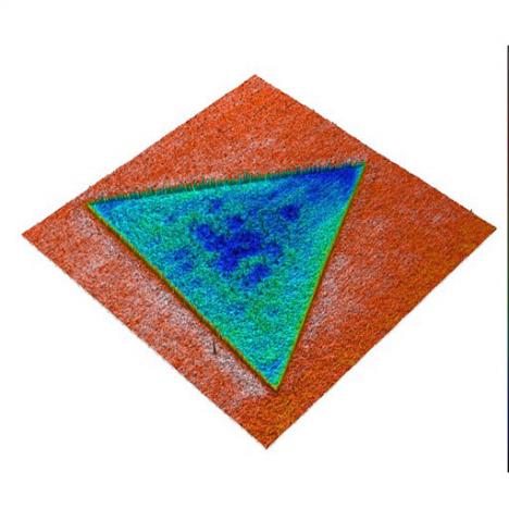 MoS2 monolayer:  3D topography overlaid with KPFM signal